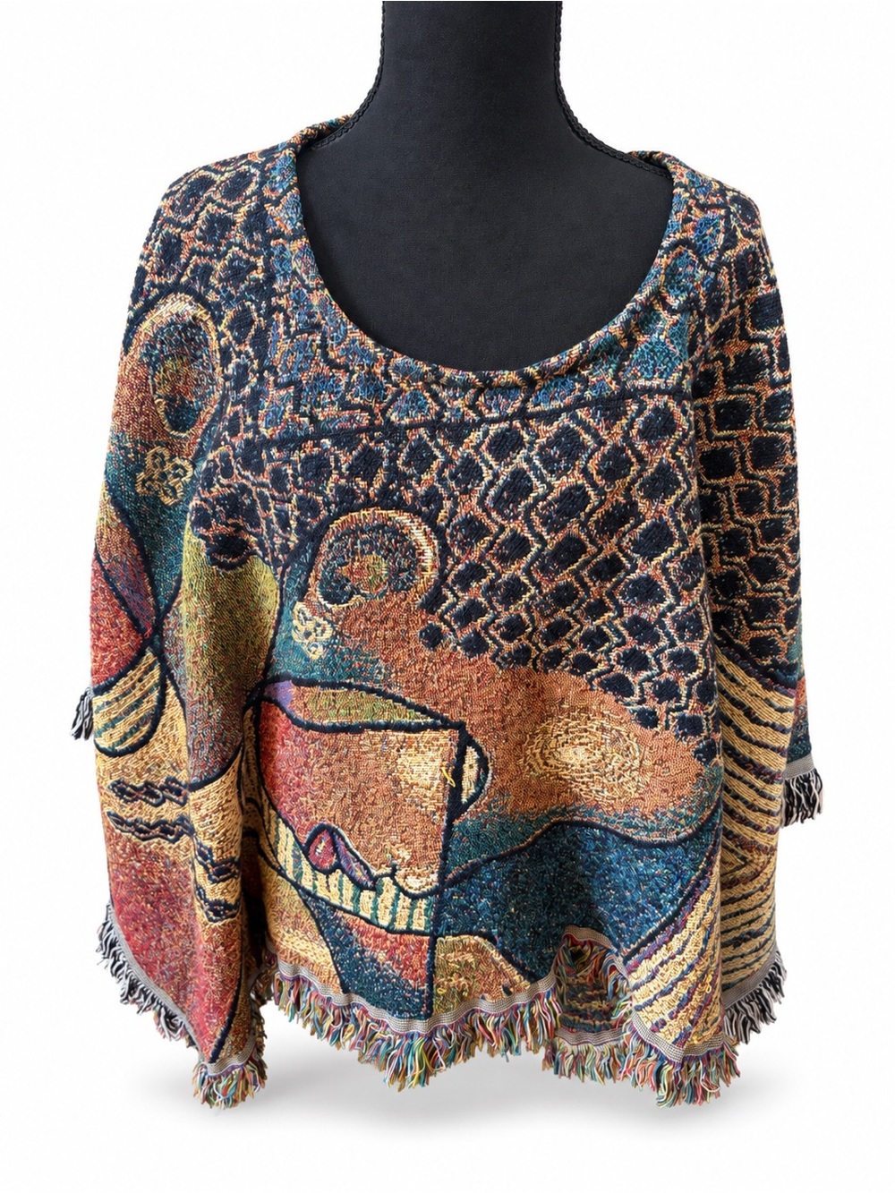 Woven Jacquard Tapestry Abstract Portrait Fringe Poncho One Size